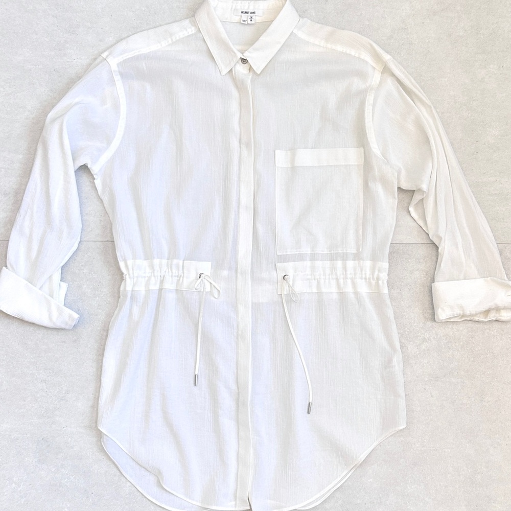 Helmut Lang White Drawstring Waist Button Down Tu… - image 4